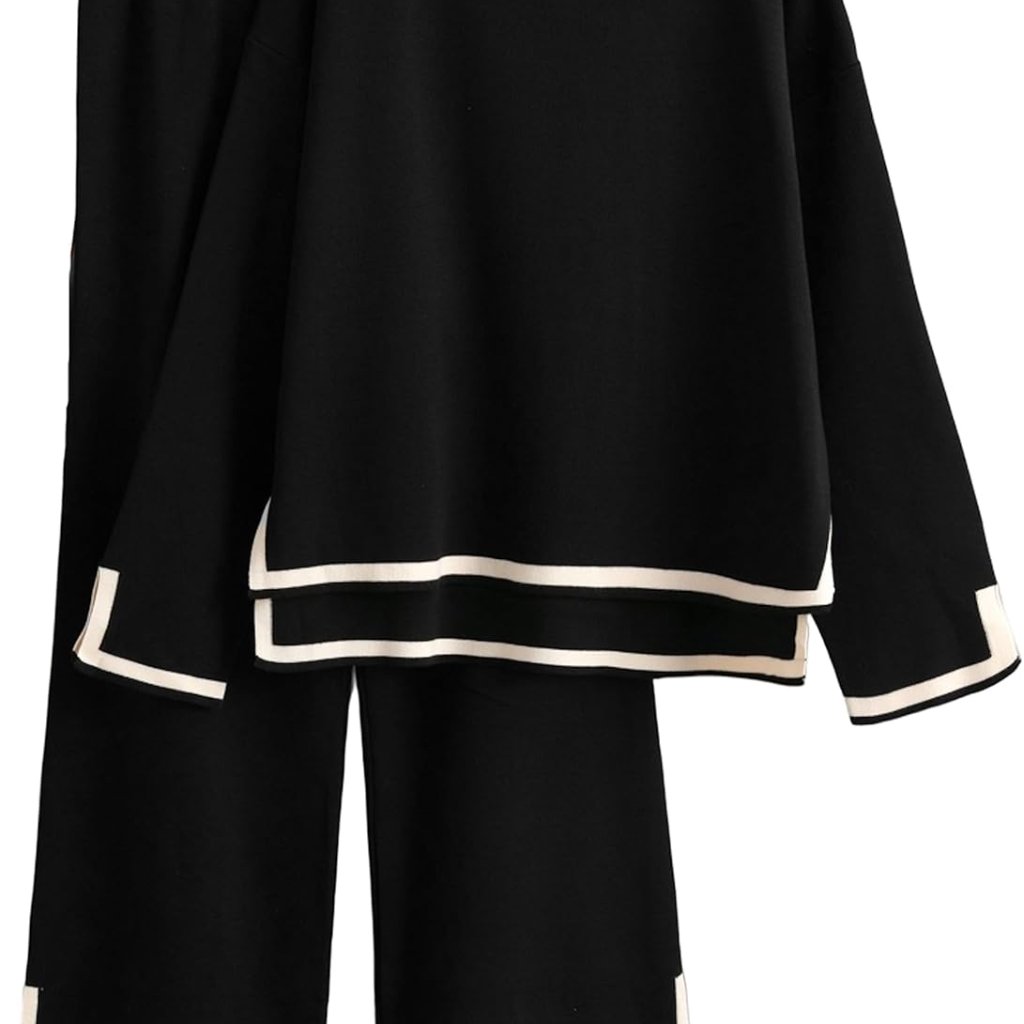 Soft Knit Women’s Fashion Set: Long Sleeve Sweater With Flowing Wide Leg Pants